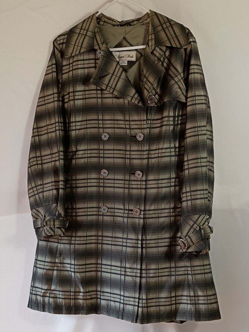 EUC Regent Park Mid Length Trench Coat Women XL Black Gray White Belted Pockets